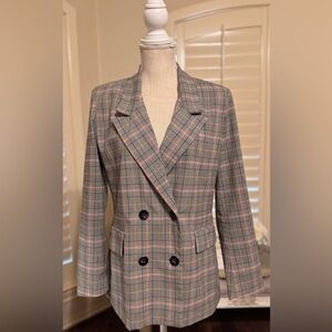 New York and Company Gray Plaid Double-Breasted Blazer